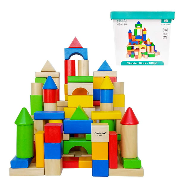 100 pc for Toddlers Preschool Age Basic Educational Build & Play Toy Classic Hardwood Plain & Colored Small Wood Block Pieces for Boys & Girls Wooden Building Blocks Set 